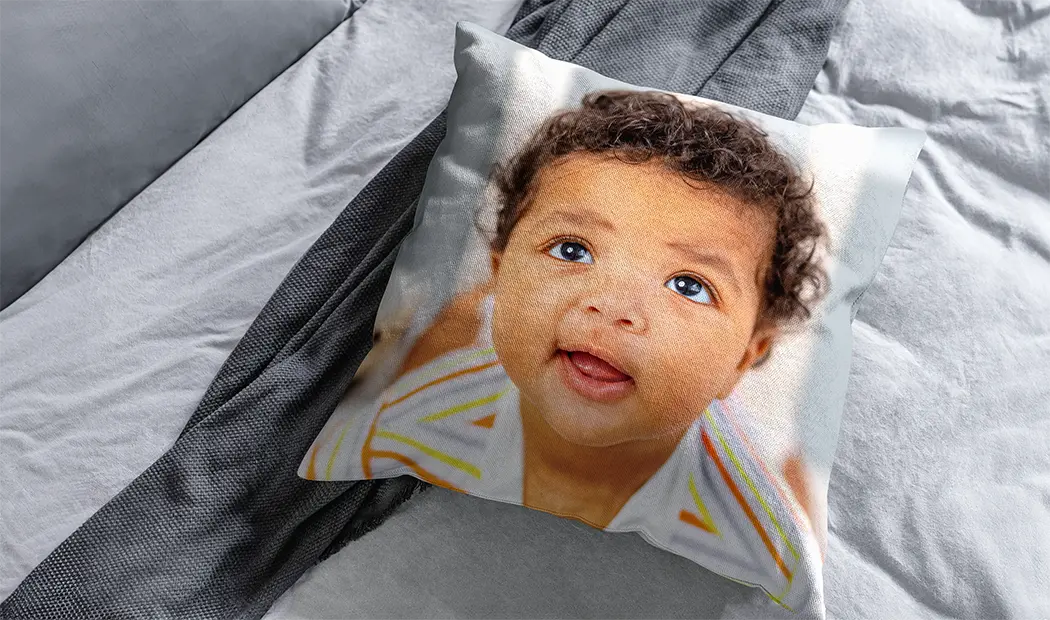 Personalised cushion featuring a happy family in sunglasses, making summer memories. Create yours today!